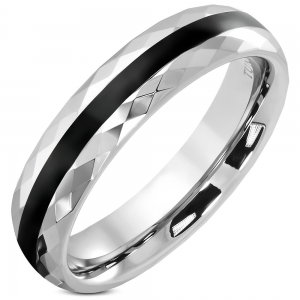 Inel din tungsten multifatet cu dunga neagra [0]